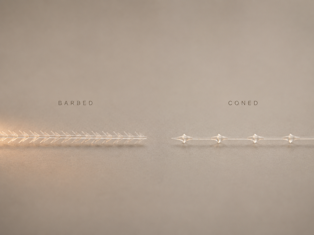 Barbed vs coned thread structure comparison (Aptos, Silhouette Soft)